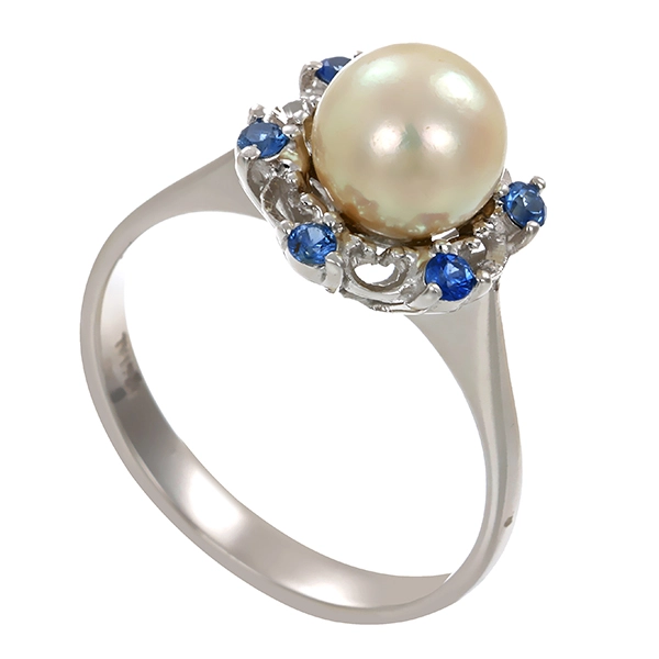 Ring, 18K, Weißgold, Perle, Saphir