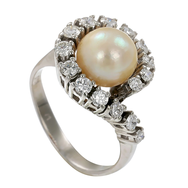 Ring, 14K, Weißgold, Perle, Brillanten 1,00 ct