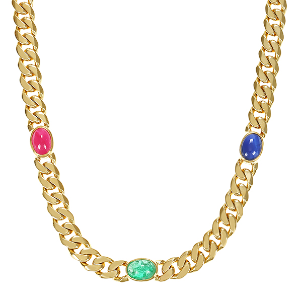 Collier, 18K, Gelbgold, Rubin, Saphir, Smaragd