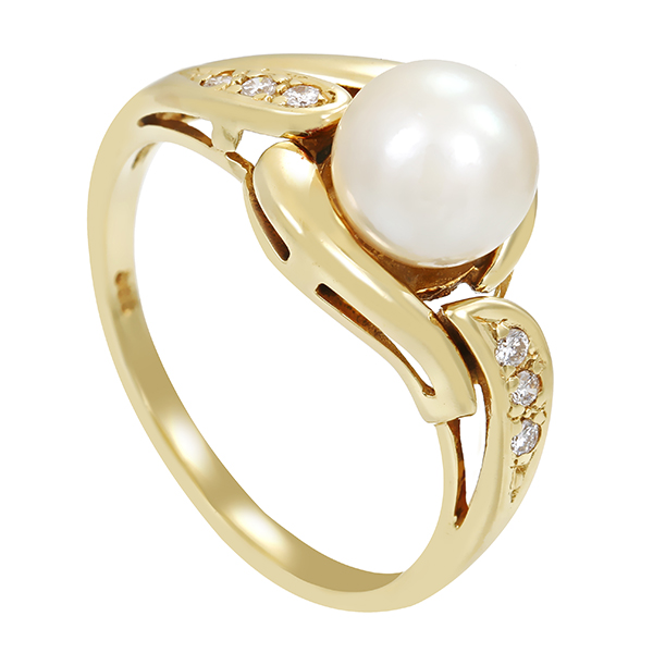 Ring, 14K, Gelbgold, Perle, Brillanten