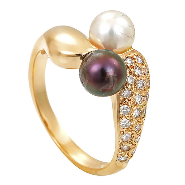 Ring, 14K, Gelbgold, Perlen, Diamanten 0,21 ct