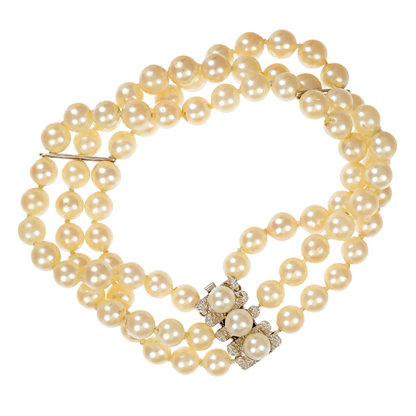 Perlenarmband, Schließe 14K, Weißgold, 3-reihig