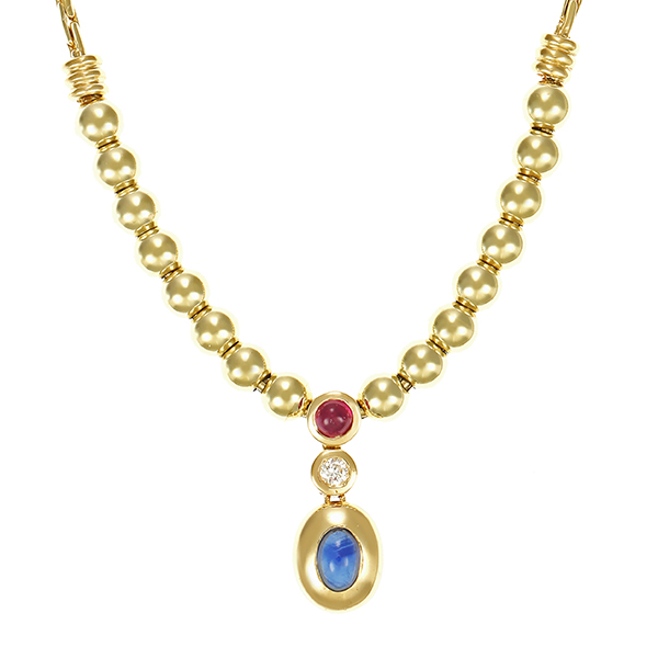 Collier, 14K, Gelbgold, Saphir, Rubin, Brillant