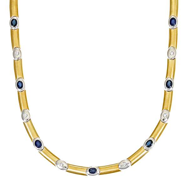 Collier, 14K, Gelb-/Weißgold, Zirkonia, Saphir