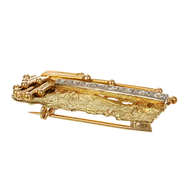 Brosche, 14K, Gelb-/Weißgold, Diamanten, Antik