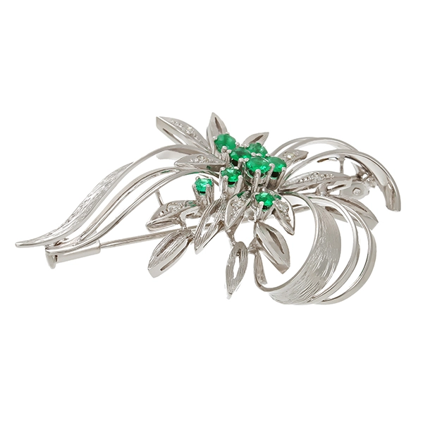 Brosche, 14K, Weißgold, Diamant, Smaragd