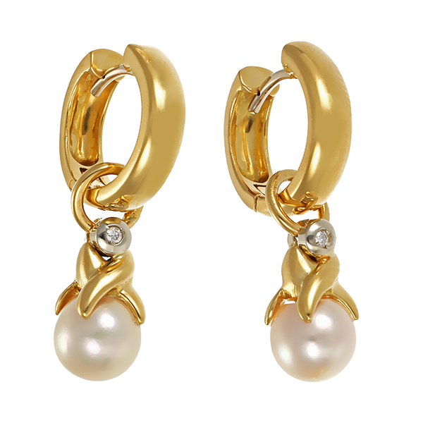 Creolen Einhänger, 18K, Gelb-/Weißgold, Perlen, Brillanten