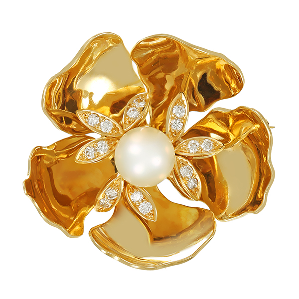 Brosche, 14K, Gelbgold, Zuchtperle, Brillanten