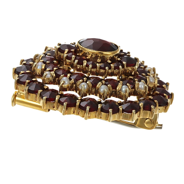 Brosche, 14K, Gelbgold, Granat, Perlen