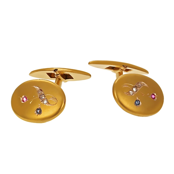 Manschettenknöpfe, 14K, Gelbgold, Diamantrosen, synth. Korunde