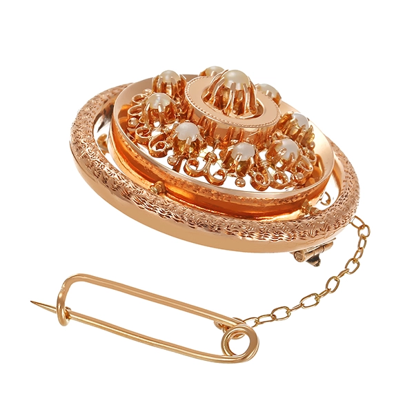 Brosche, 500, Rotgold, Perlen