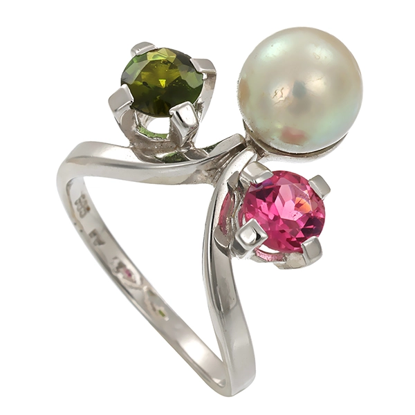 Ring, 14K, Weißgold, Perle, Turmanline