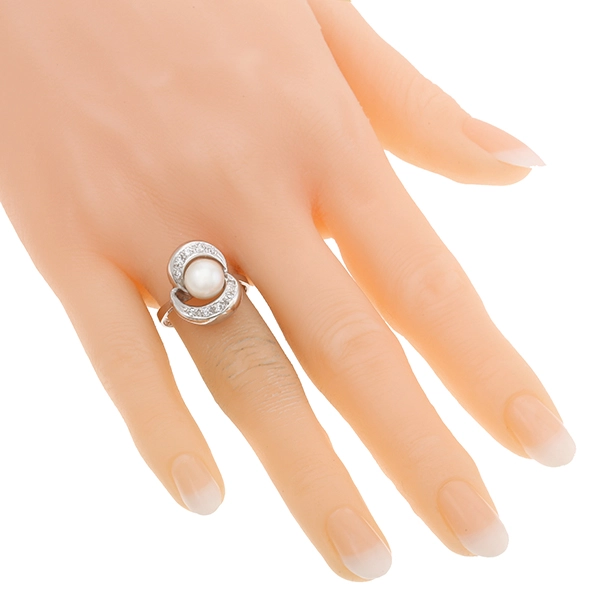 Ring, 14K, Weißgold, Perle, Diamant