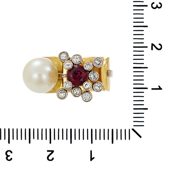 Ring, 18K, Gelb-/Weißgold, Rubin, Perle, Brillanten