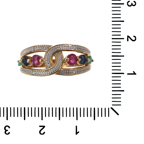 Ring, 9K, Gelbgold, Rubin, Saphir, Smaragd, zum Teil rhodiniert