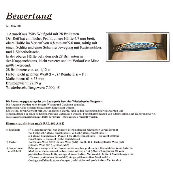 Armreif, 18K, Weißgold, Brillanten 1,12 ct