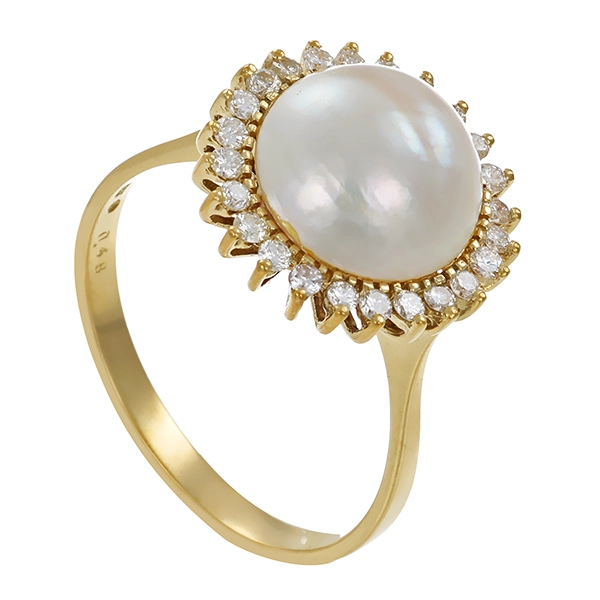 Ring, 14K, Gelbgold, Mabeperle, Brillanten, 0,48ct