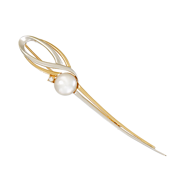 Brosche, 14K, Gelb-/Weißgold, Zuchtperle, Brillant