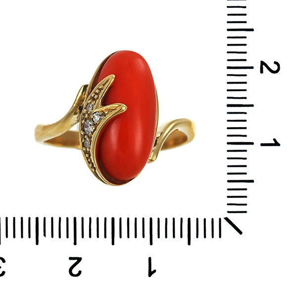Ring, 14K, Gelbgold, Koralle, Diamanten