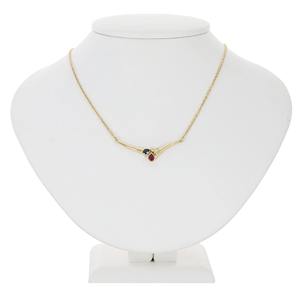 Collier, 14K, Gelbgold, Rubin, Saphir, Brillanten