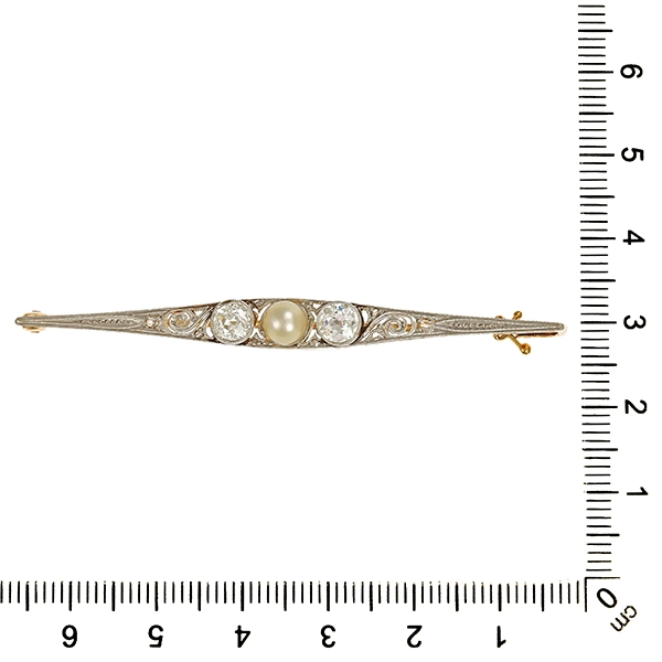 Brosche, 14K, Gelb-/Weißgold, Perle, Diamanten, ArtDeco