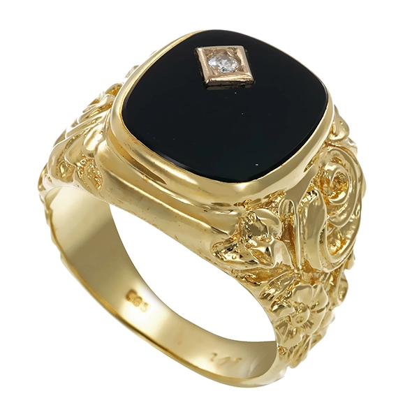 Herrenring, 14K, Gelbgold, Onyx, Brillant