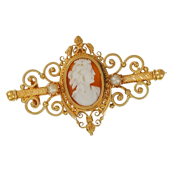 Brosche, 14K, Gelbgold, Anik, Gemme, Perlen