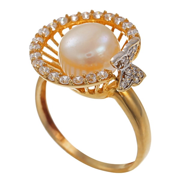 Ring, 14K, Gelbgold, Zirkonia, Perle