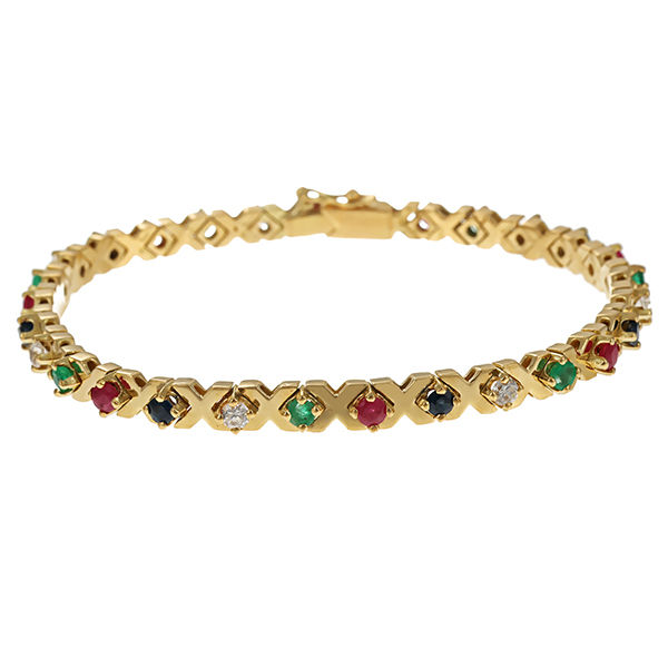 Armband, 14K, Gelbgold, Rubin, Daphir, Smaragd, Zirkonia