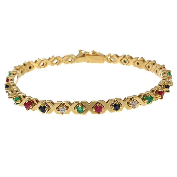 Armband, 14K, Gelbgold, Rubin, Daphir, Smaragd, Zirkonia