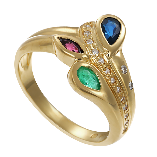 Ring, 14K, Gelbgold, Brillanten, Edelsteine