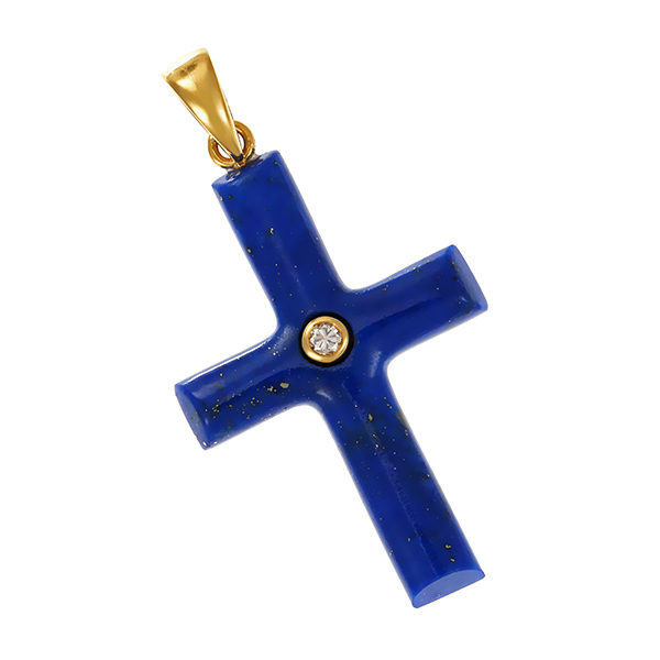 Anhänger, 18K, Gelbgold, Lapis, Brillant, Kreuz