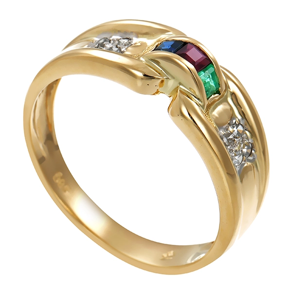 Ring, 14K, Gelbgold, Diamanten, Saphir, Rubin, Smaragd