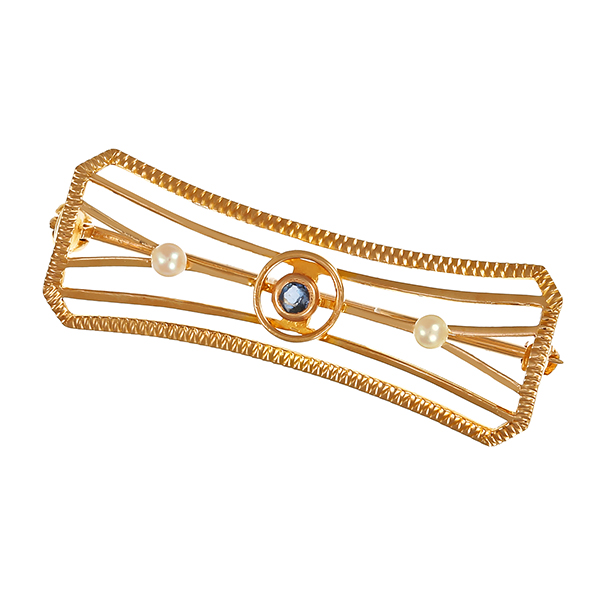 Brosche, 9K, Gelbgold, Perlen, Saphir, Antikstil