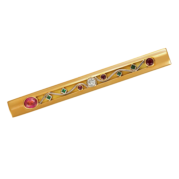 Krawattenhalter, 18K, Gelbgold, Turmalin, Smaragd, Brillant, Rubin