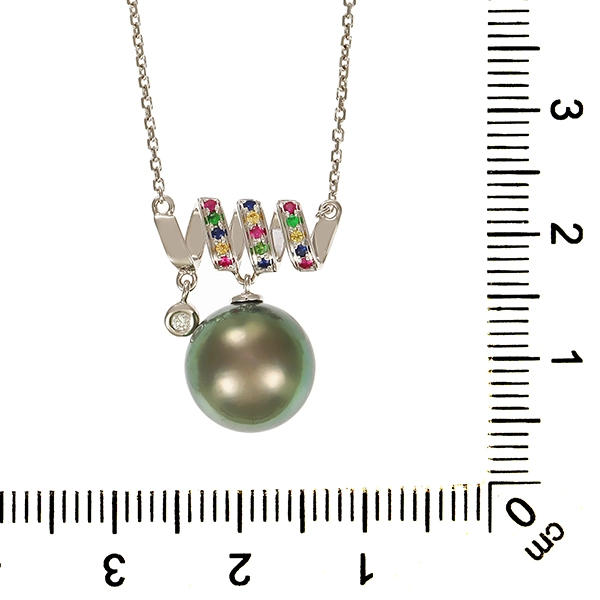 Collier, 18K, Weißgold, Zuchtperle, Brillant, Edelsteine