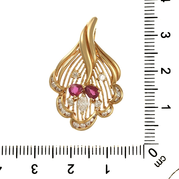 Anhänger, 18K, Gelbgold, Brillant, Rubin, Diamant