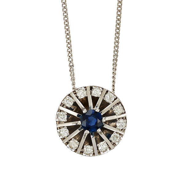 Collier, 14K, Weißgold, Saphir, Brillanten
