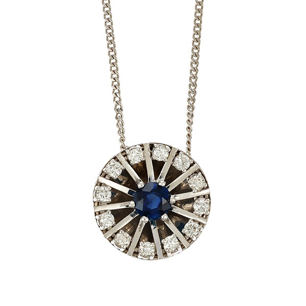 Collier, 14K, Weißgold, Saphir, Brillanten