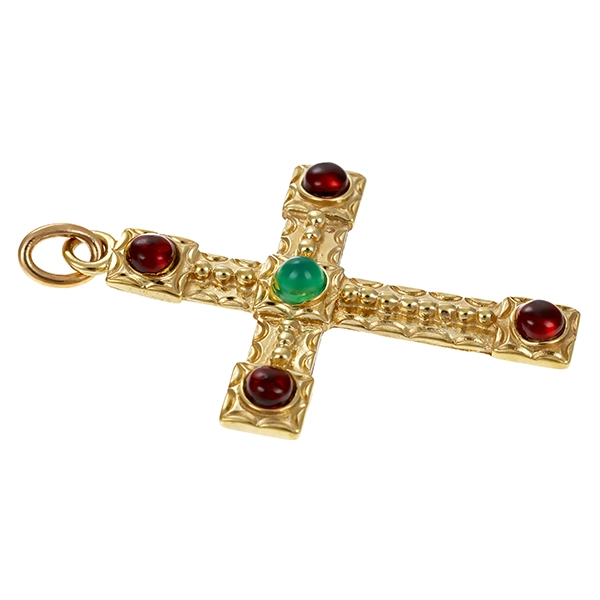 Anhänger, 8K, Gelbgold, Granat, Achat, Kreuz