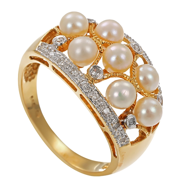 Ring, 14K, Gelb-/Weißgold, Perlen, Diamanten