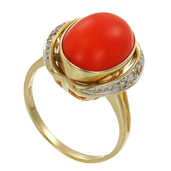 Ring, 14K, Gelb-/Weißgold, Koralle, Diamanten