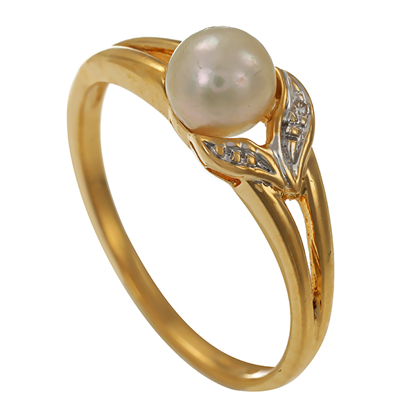 Ring, 18K, Gelb-/Weißgold, Perle, Diamant