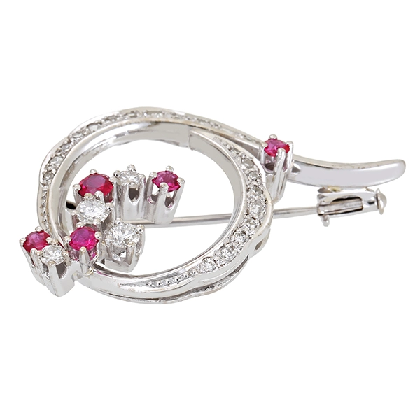 Brosche, 14K, Weißgold, Brillant, Diamant, Rubin