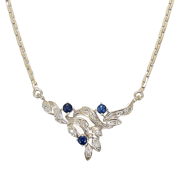 Collier, 14K, Weißgold, Saphir, Diamant