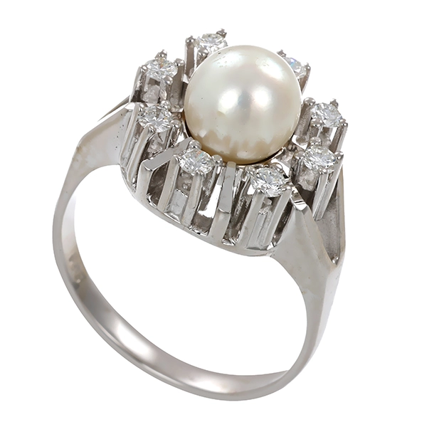 Ring, 14K, Weißgold, Perle, Brillanten 0,40 ct