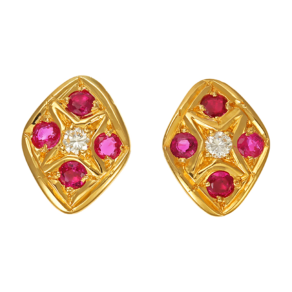 Ohrstecker, 14K, Gelbgold, Rubine, Brillanten