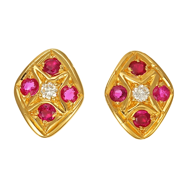 Ohrstecker, 14K, Gelbgold, Rubine, Brillanten