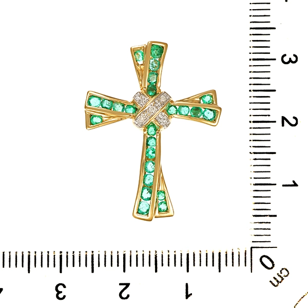 Anhänger, 14K, Gelbgold, Smaragde, Diamanten, Kreuz