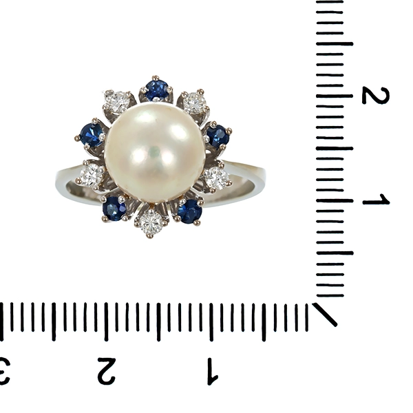 Ring, 18K, Weißgold, Perle, Saphire, Brillanten